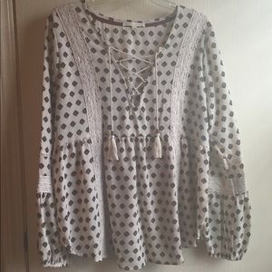 Lace up peasant top with tassels and bell sleeve